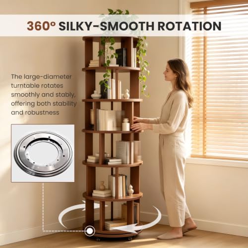 6 Tier Solid Wood Bookshelf with Wheels, 360° Rotating Book Shelf - Image 4