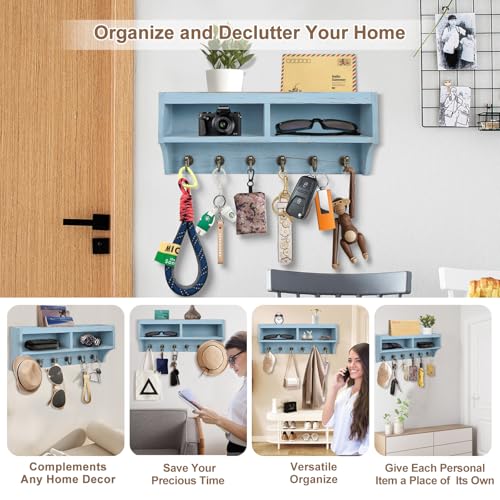 Key Holder Wall Mount with Mail Organizer, 6 Hooks & Shelf, Blue - Image 3