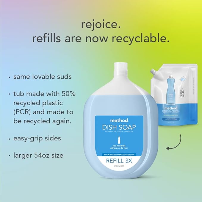 Method Gel Dish Soap Refill, Clementine Scent, Powerful Cleaning Formula, Large Refill Tub, Cuts Through Grease, 54 Fl Oz (Pack of 4)