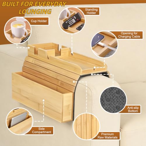 Bamboo Sofa Armrest Tray, Foldable Couch Caddy, 4–6 Inch Arms - Image 4