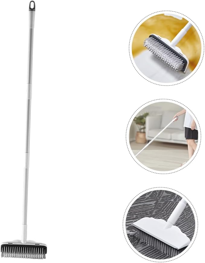 Long Handle Floor Scrub Brush with Squeegee Multi-Functional Bathroom and Tile Cleaning Tool Heavy Duty Hard Bristles for Efficient Scrubbing and Water Removal for Home Use