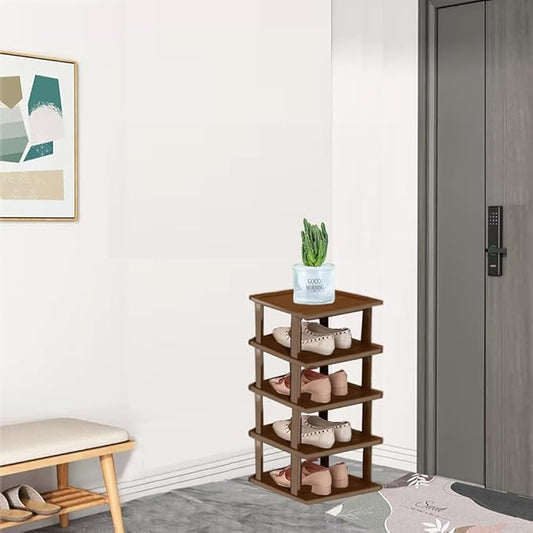Bamboo Vertical Shoe Rack for Entryway,Narrow Shoe Rack Stackable,Minimalist Shoe Storage,5 Tier Brown Standing Shoe Organizer for Garage Corner Bedroom Hallway(Brown,5-Tier)