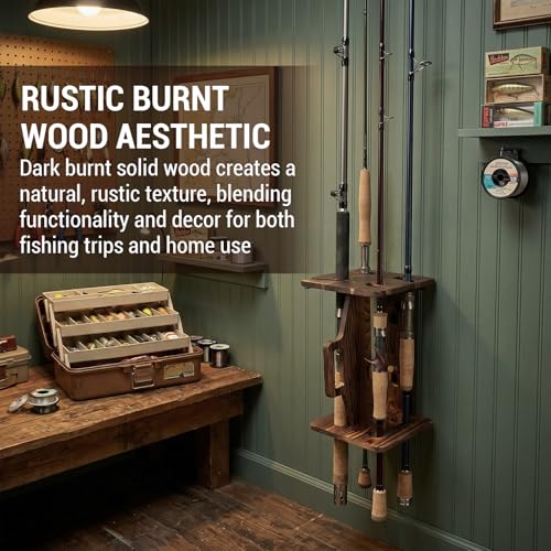 MyGift Rustic Wood Fishing Rod Rack, Portable Wall Mount - Image 5