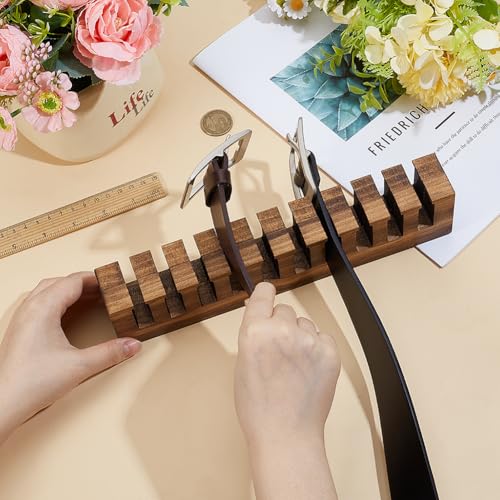 PH PandaHall Belt Organizer, Wooden Belt Holder Wall Mounted Belts Hanger with Slots Space Saving Storage for 10 Belts, Home Bedroom Closet Retail Shop, Camel, 1pc, 10.7x1.5x2.4inc