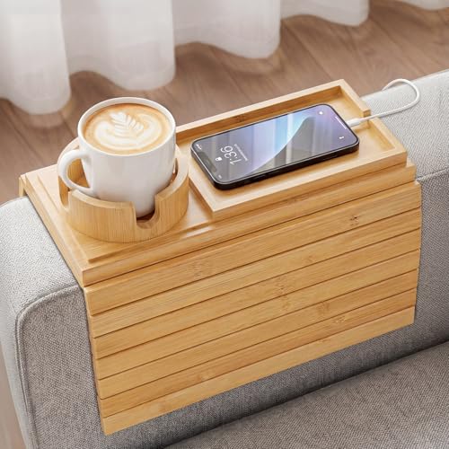 Bamboo Sofa Armrest Tray, Foldable Couch Arm Tray Side Table - Image 2