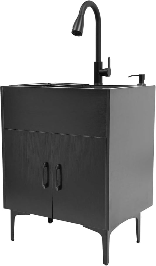 Laundry Sink Cabinet with Pull-Out Faucet, Stainless Steel Freestanding Utility Room Sink with Cabinet Utility Tub for Bathroom Laundry Room Kitchen (23.62x17.72in Black)