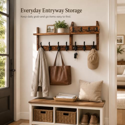 24 Inch Coat Rack Wall Mount with Shelf, 4 in 1 Entryway - Image 6