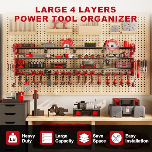 Large 65'' Wide Power Tool Organizer Wall Mount, 4-Tier 16-Drill - Image 3