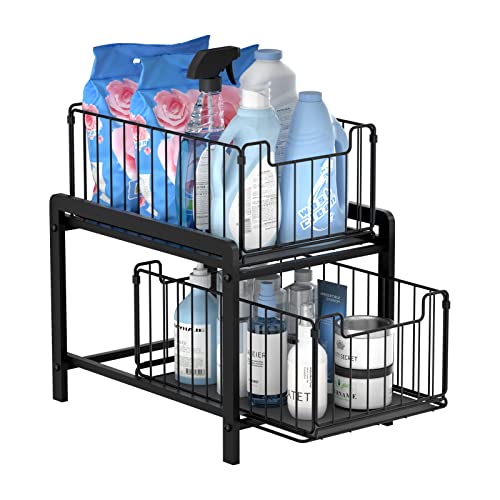 NPPLUS 2 Tier Black Under Sink Organzier With Sliding Drawer - Image 3