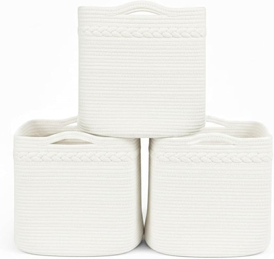 danpinera 13 Inch Cube Storage Baskets, 3-Pack Woven Fabric Organizer Bins, 13"x13" Square Baskets for Cube Storage for Shelves, Baby Nursery, Closet Organizer, White