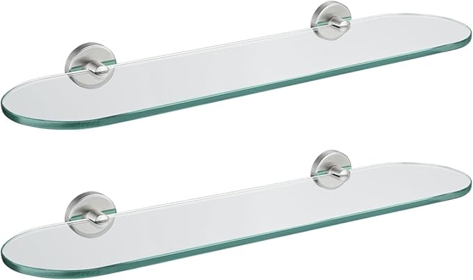 JQK Bathroom Glass Shelf, Floating Tempered Glass Shower Storage 20 by 5 inches, 304 Stainless Steel Brushed Finish Wall Mount 2 Pack 2 Pack, TGS121L20-BN-P2