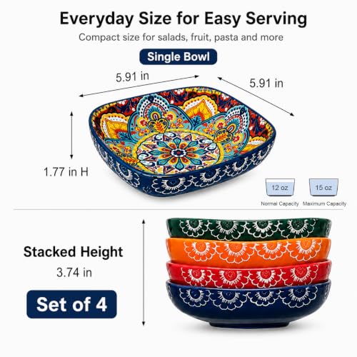Bohemian Ceramic Bowl Set of 4, 12 oz Square Bowls - Image 3