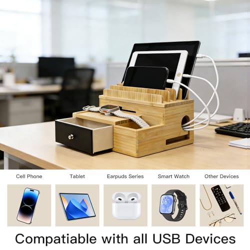 Bamboo Charging Station Organizer with Drawer and Pen Holder - Image 5