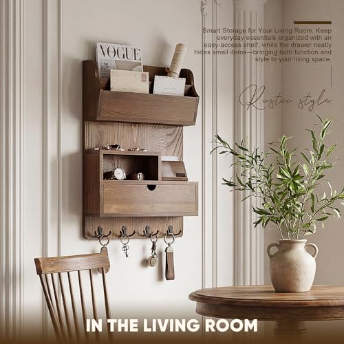Pine Wood Key Holder Wall Mount with Drawer & 4 Hooks, Brown - Image 6