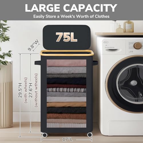 Goodpick 75L Rolling Laundry Basket with Wheels and Lid, Black - Image 4