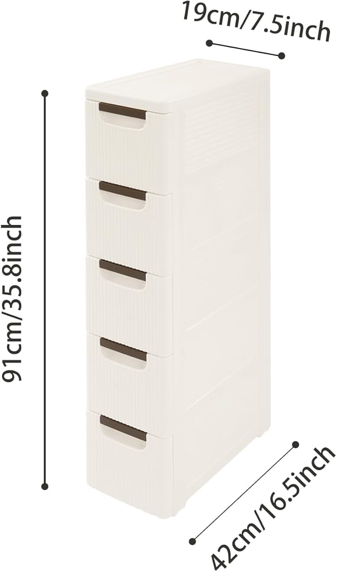 Narrow Plastic Storage Cart with 4 Drawers, Slim Rolling Organizer on Wheels, Mobile Utility Cart for Bathroom, Kitchen, Laundry Room, Bedroom & Office (5-Tier)