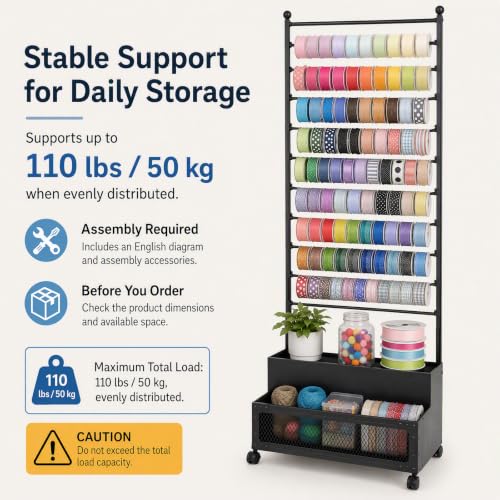 11-Rod Ribbon Storage Organizer Rack,Metal Roll Holder w/ - Image 5