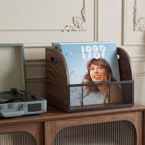 Vinyl Record Storage Crate, Wooden LP Organizer with Divider - Image 7
