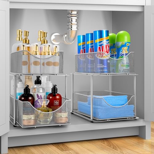 Sorbus Pull-Out Under Sink Organizer, Mesh Construction (Silver - Image 3