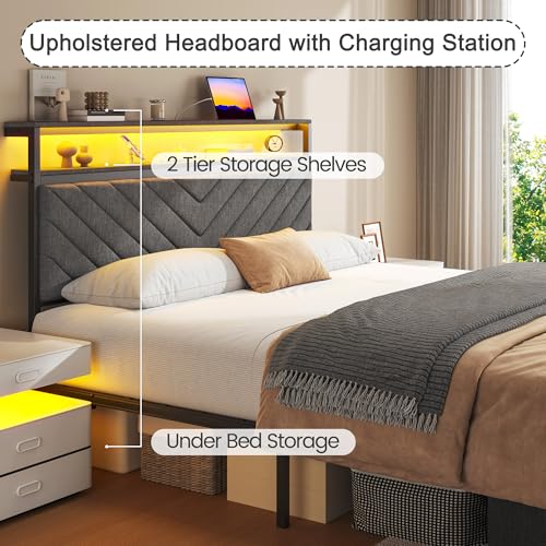 Queen Bed Frame with 2 Drawers, Upholstered Headboard - Image 4