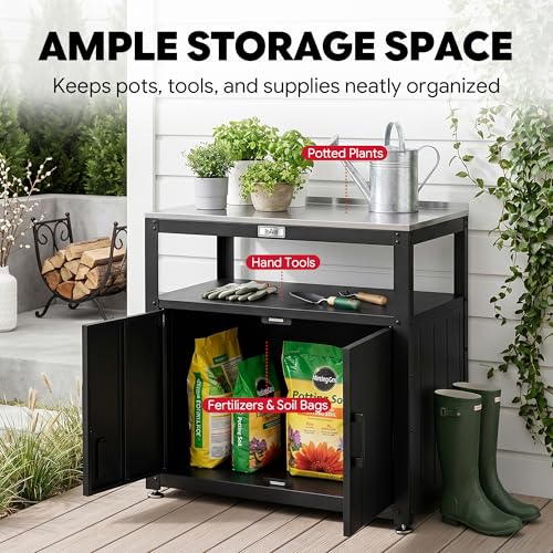 Feasto Metal Outdoor Potting Bench with Storage Cabinet - Image 6
