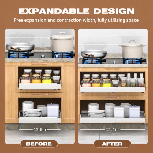 2 Pack Pull Out Cabinet Organizer Expandable, 21" Deep - Pull Out Drawers for Cabinets with Adjustable width from 12.6" to 21" Sliding Drawers for Cabinets with Heightening Pad No 