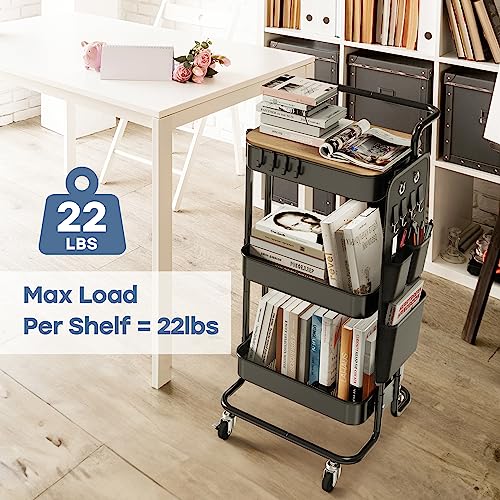 DTK 3 Tier Metal Utility Rolling Cart with Table Top and Side - Image 4