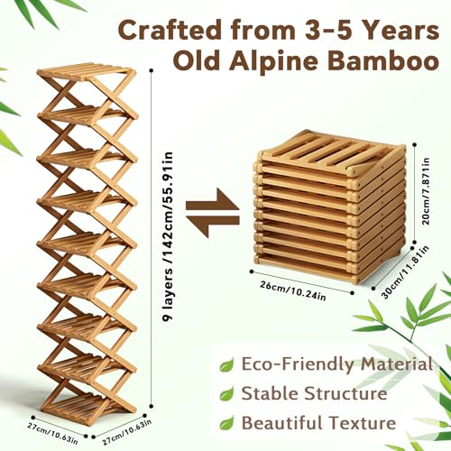 9 Tier Bamboo Shoe Rack, Foldable Narrow Shoe Organizer - Image 3