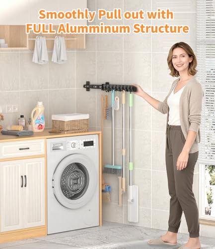 Pull Out Broom Holder With 9 Adjustable Row Sliding Hook - Black - Image 4