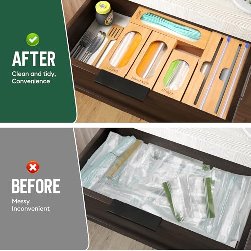 Storage Bag Organizer for Kitchen Drawer, 5-Slot, Bamboo - Image 8