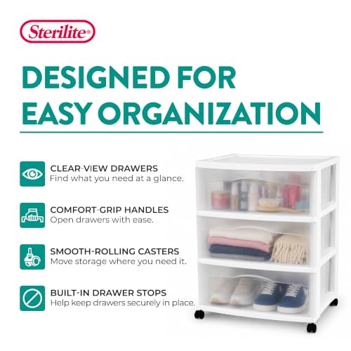 Sterilite Wide 3 Drawer Storage Cart Plastic Rolling - Image 5