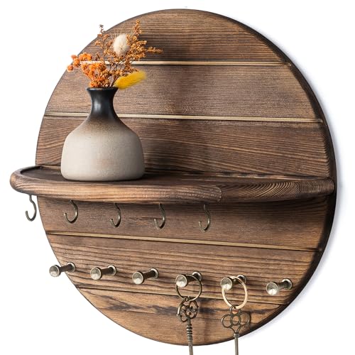 Pine Wood Round Key Holder Wall Mount for Home Decor, Brown - Image 2