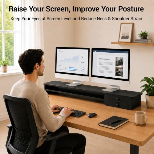 Dual Monitor Stand, 42.5 Inch Wood Monitor Riser with Drawers - Image 4