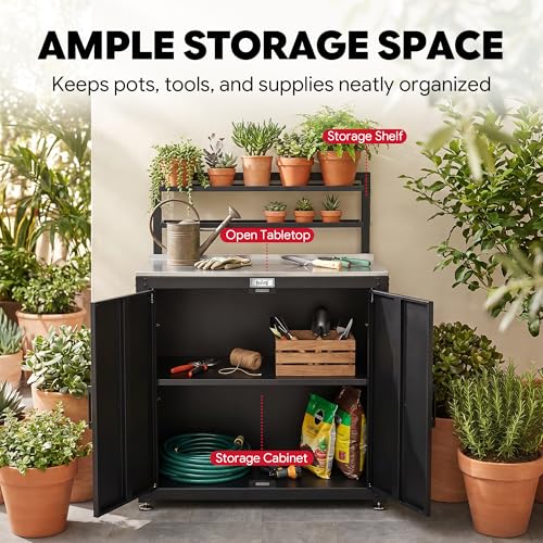 Feasto Outdoor Potting Bench Table with Storage Cabinet, Black - Image 7