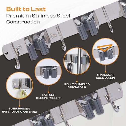 Stainless Steel Broom Holder Wall Mount, 4 Racks & 5 Hooks - Image 5