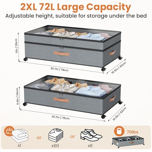 Storage Box,Under Bed Storage with Wheels 72L XXL Under the Bed - Image 3