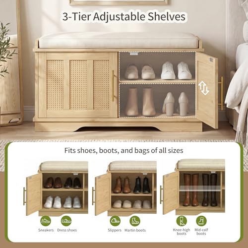 Heybly Shoe Cabinet with Bench, Rattan Storage Bench with Cushion - Image 5