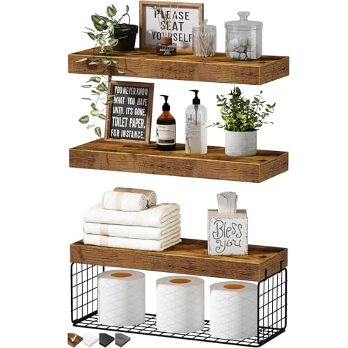 QEEIG Bathroom Shelves Over Toilet Wall Mounted (Brown, Set of 3 - Image 2
