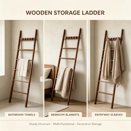 Foldable Blanket Ladder 6 Tier, 68" Solid Wood Quilt Rack - Image 4