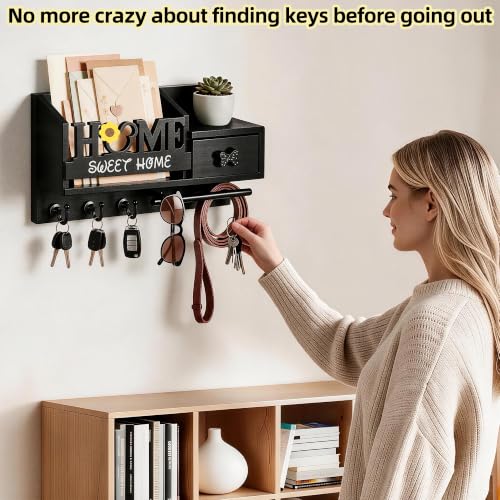 Key Holder Wall Mount with 3 Hooks and Storage Drawer - Image 7