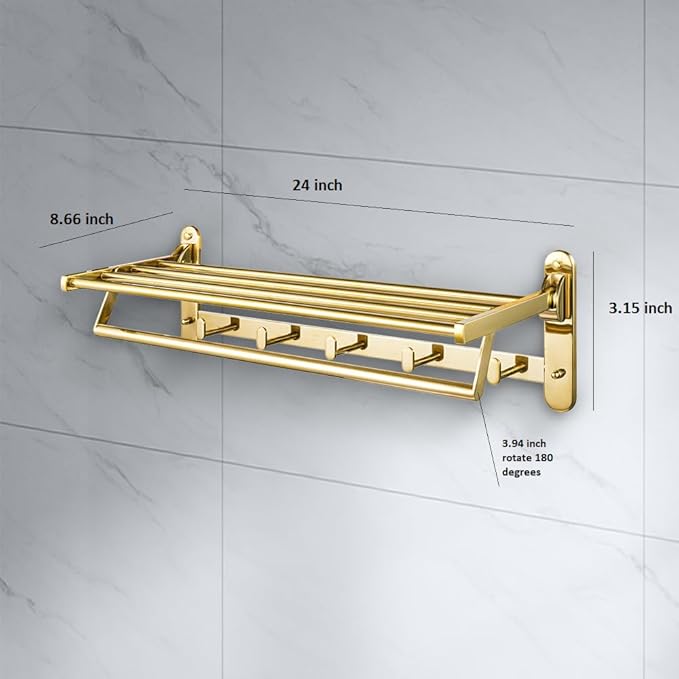 Roshan Handcrafted and Hand Polished Multi Purpose Towel Rack, SUS304 Stainless Steel Rust Proof and Peel Resistant Towel Shelf, Towel Hook, Includes 2 Handmade Hooks (3, Gold)