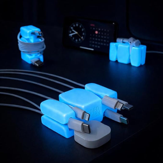 GlowBrick Stocking Stuffers for Adults Cord Management Weighted Cord Holder Cable Wrap Phone Stand - Glow-in-The-Dark Gadget Organizer for Nightstand. Gift for Men, Silicone. Glowing Blue