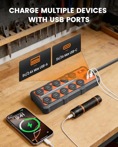 SURAIELEC Heavy Duty Power Strip with 4500J Surge Protector, 10 - Image 5