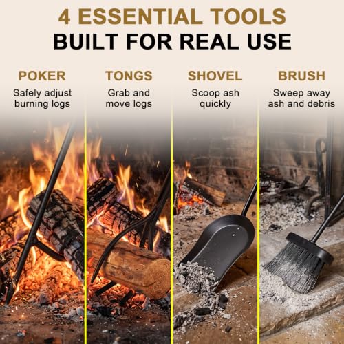 Fireplace Tools Set with Log Rack Holder, Heavy-Duty Steel Frame - Image 5