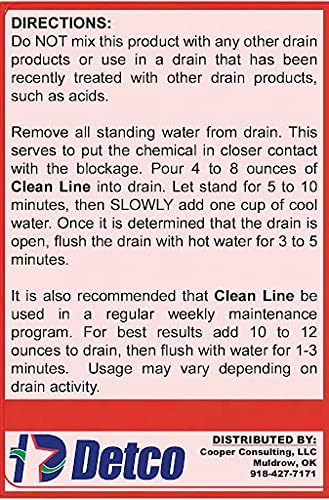 DETCO-Clean LINE Drain Cleaner and Unblocker - Industrial Strength, Fast-Acting Liquid Formula, Unclogs Pipes and Drains Quickly, 32 Ounce Bottle