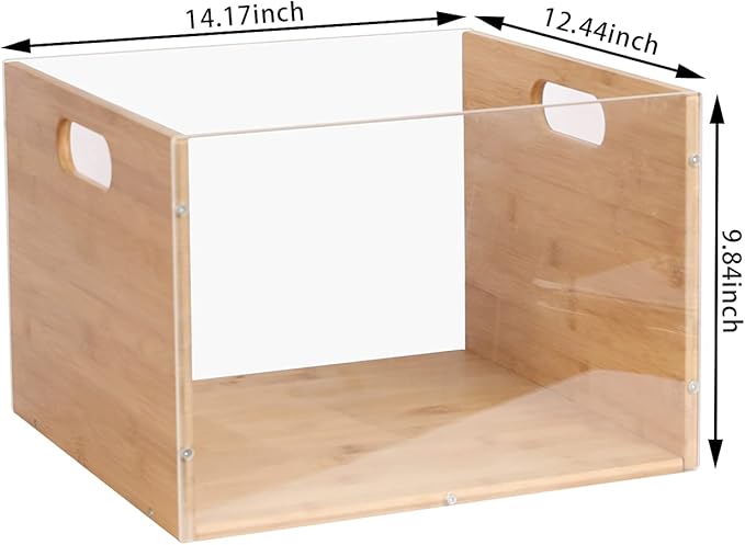 X-cosrack 3-Pack Vinyl Record Storage Box Crate, Visualize Acrylic & Bamboo Cube LP/Album Organizer Shelf Holder with Handle, Easy to Assemble