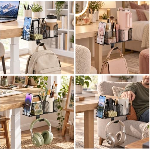 4-in-1 Clamp on Desk Cup Holder, Dual Compartment Mesh - Image 8