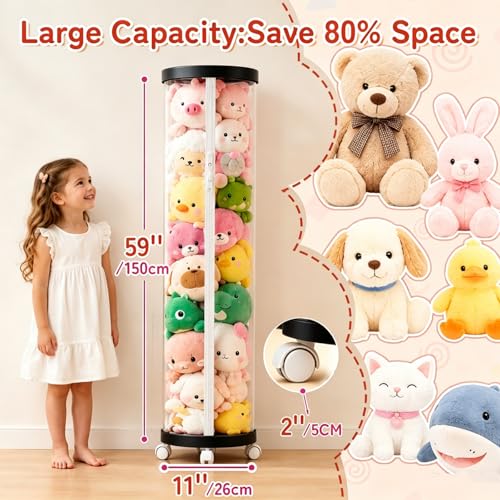 Large Stuffed Animal Storage Tube with Wheels, Tall Toy Organizer - Image 3