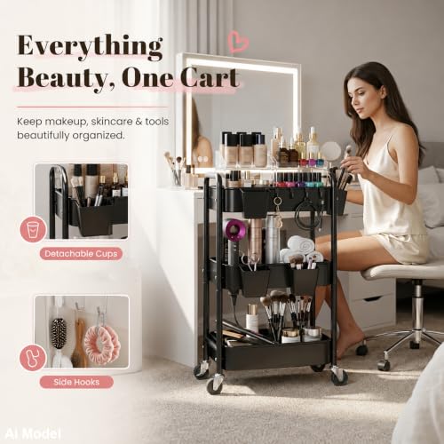 3 Tier Rolling Cart Metal with Wheels,Black Three Tiered Dorm - Image 6