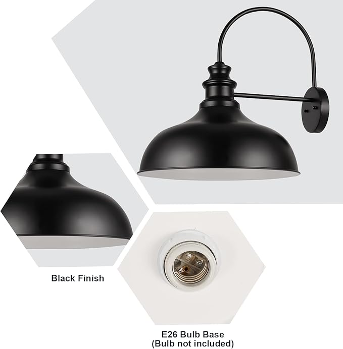 Barn Light Outdoor, 20 Inch Dome Exterior Light Fixture Outside for House, Farmhouse Outdoor Wall Mount Light in Black Finish for Porch, Entryway, Garage, Streetway, RZ014 BK